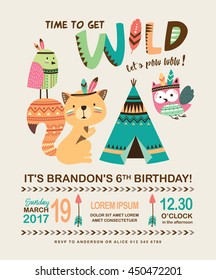 Kids birthday invitation card with cute cartoon animal