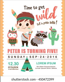 Kids Birthday Invitation Card With Cute Little Boy And Friends