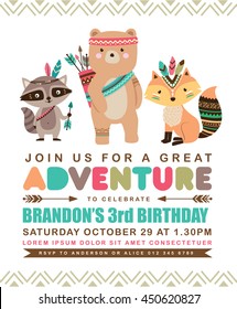 Kids birthday invitation card with cute cartoon animal