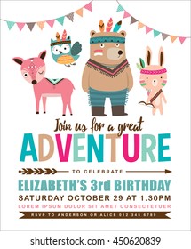 Kids birthday invitation card with cute cartoon animal