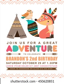 Kids birthday invitation card with cute cartoon animal