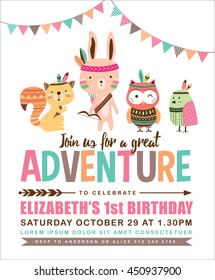 Kids Birthday Invitation Card With Cute Cartoon Animal