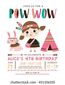 Kids birthday invitation card with cute little girl and rabbit