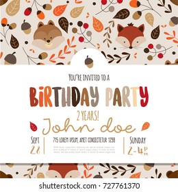 Kids birthday invitation card with cute cartoon forest animals