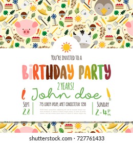 Kids birthday invitation card with cute cartoon farm animals