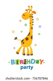 Kids birthday invitation card with cute cartoon animal