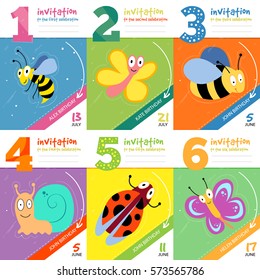 Kids birthday invitation cards with cute bugs insects vector. Set of invitation to birthday, illustration design invitation card