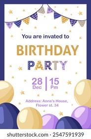 Kids birthday invitation. Children cute animal card. Birthday party.