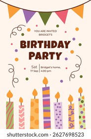 Kids birthday invitation in a cute flat style with hand drawn candles and confetti. Vector illustration for party.