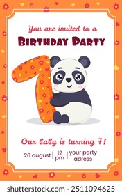 Invitación de cumpleaños para niños con un lindo animal panda con el número siete. Concepto lindo de la tarjeta de felicitación de los niños. 