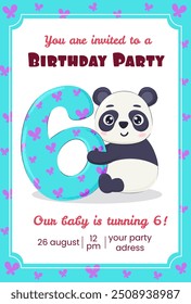 Kids birthday invitation with panda holding number 6.  Children cute animal poster.