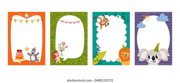 Kids birthday invitation party cards. Children frames with empty white space, cartoon animals and decorations. Banner flyer poster classy vector design