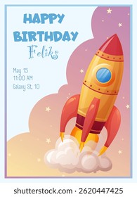 kids birthday invitation with rocket in space with stars