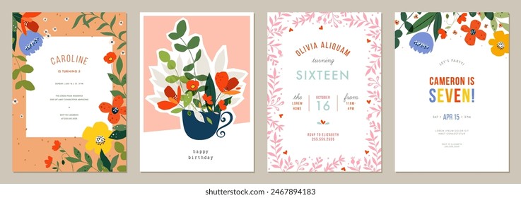 Kids birthday invitation templates. For greeting card, poster, flyer, banner, brochure, email header, post in social networks, advertising, events and page cover, background, corporate style.