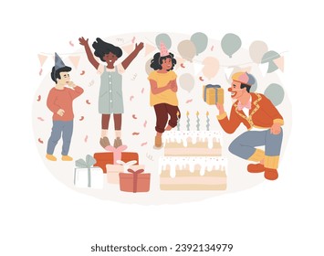 Kids birthday isolated concept vector illustration. Kids birthday party, party ideas, indoor spot, having fun, children celebration, clown on playground, parent rest, confetti vector concept.