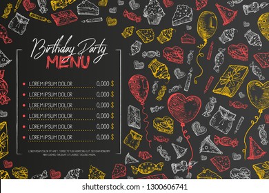 Kids birthday menu vector template, cute children birthday restaurant creative flyer, on black background. Chalk on blackboard hand drawn sketch style illustration Hand drawn vector illustration