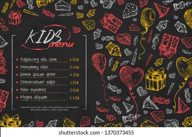 Kids birthday menu vector template, cute children birthday restaurant creative flyer, on black background. Chalk on blackboard hand drawn sketch style illustration Hand drawn vector illustration