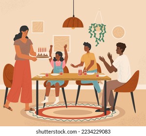 Kids birthday in multicultural family. International family concept vector illustration. Black father and white mother with two mixed kids. Child birthday party