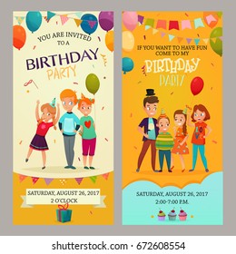 Kids birthday party 2 funny vertical retro banners invitations set with date time decorations isolated vector illustration 