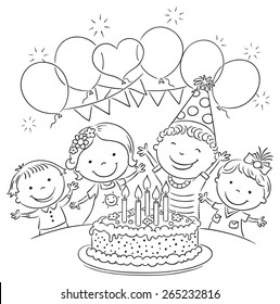 Kids birthday party with a big cake and colorful balloons, black and white outline