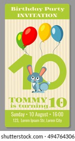 Kids birthday party cartoon animals bunny invitation. Vector illustration