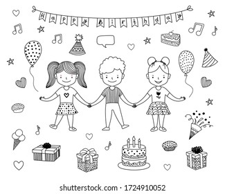 Kids Birthday party celebration. Friends hold hands. Objects set. Cake, air balloons, gift, present box, cupcake, pie, firework, music. Black and white vector illustration for coloring book