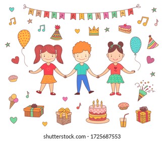 Kids Birthday party celebration. Group of friends hold hands. Objects set. Cake, air balloons, gift, present box, cupcake, pie, firework, music sign. Clorful vector illustration isolated on white