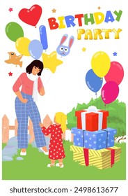Kids birthday party celebration poster vector illustration