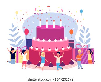 Kids birthday party. Children celebration, friends with balloons and confetti. Cake, gifts and candles, group girls and boys vector concept