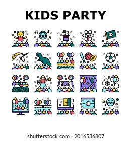 Kids Birthday Party Collection Icons Set Vector. Magic And Disco Kids Birthday Party, Outdoor Soccer Sport And Virtual Escape Room, Pool And Beach Line Pictograms. Contour Color Illustrations