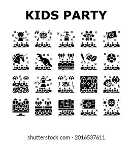 Kids Birthday Party Collection Icons Set Vector. Magic And Disco Kids Birthday Party, Outdoor Soccer Sport And Virtual Escape Room, Pool And Beach Glyph Pictograms Black Illustrations