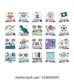 Kids Birthday Party Collection Icons Set Vector. Magic And Disco Kids Birthday Party, Outdoor Soccer Sport And Virtual Escape Room, Pool And Beach Line Pictograms. Contour Color Illustrations