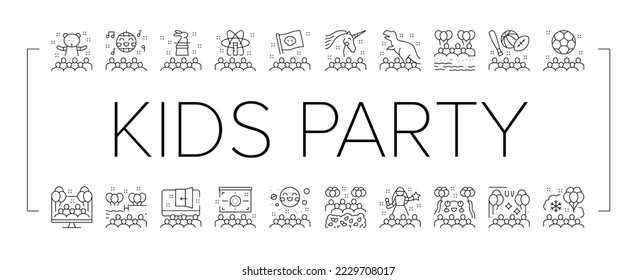 Kids Birthday Party Collection Icons Set Vector. Magic And Disco Kids Birthday Party, Outdoor Soccer Sport And Virtual Escape Room, Pool And Beach Black Contour Illustrations