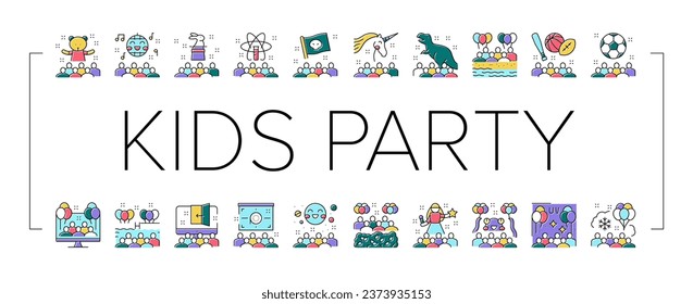 Kids Birthday Party Collection Icons Set Vector. Magic And Disco Kids Birthday Party, Outdoor Soccer Sport And Virtual Escape Room, Pool And Beach Line Pictograms. Contour Color Illustrations