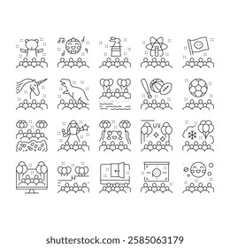 Kids Birthday Party Collection Icons Set Vector. Magic And Disco Kids Birthday Party, Outdoor Soccer Sport And Virtual Escape Room, Pool And Beach Black Contour Illustrations