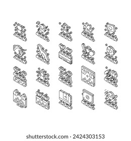 Kids Birthday Party Collection isometric icons set. Magic And Disco Kids Birthday Party, Outdoor Soccer Sport And Virtual Escape Room, Pool And Beach Line Pictograms. Contour Color .