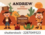 Kids birthday party. Cowboy poster. Childish holiday invitation. Boy or girl in western costumes. Wild west element. Anniversary banner design. Desert landscape. Garish