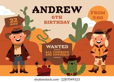 Kids birthday party. Cowboy poster. Childish holiday invitation. Boy or girl in western costumes. Wild west element. Anniversary banner design. Desert landscape. Garish