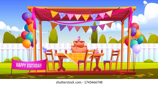 Kids Birthday Party Decoration On Backyard, Festive Cake With Five Years Old Candle, Hats, Balloons Bunches And Garlands At Summer Wooden House On Green Lawn Front Of Fence Cartoon Vector Illustration