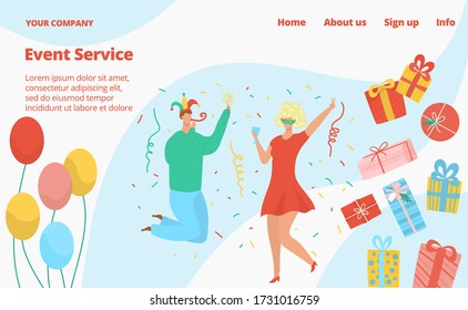Kids birthday party event service with clowns and fireworks, gift boxes and baloons flat icons isolated vector illustration for website template. Holidays and childrens events organization web site.