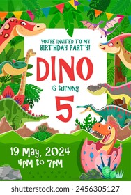 Kids birthday party flyer with cartoon funny dinosaurs on tropical forest vector background. Cute tyrannosaurus, pterodactyl, spinosaurus and brachiosaurus dino animals with baby dinosaur in egg shell