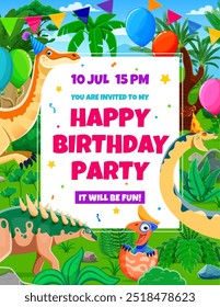 Festa de aniversário de crianças com desenhos animados dinossauros engraçados na paisagem pré-histórica. Cartaz de convite de férias vetor com répteis adoráveis da era Jurássica acolhendo crianças para a celebração de evento festivo