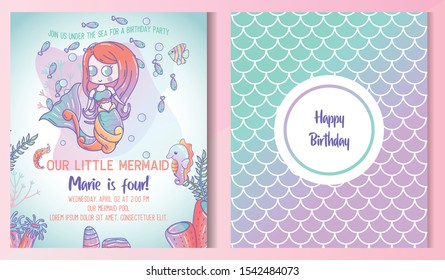 Kids birthday party front and back invitation card with cute little mermaid and marine life