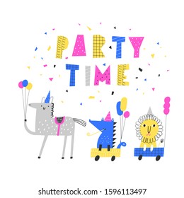 Kids birthday party. Funny animals in cars Vector illustration, hand drawn style.