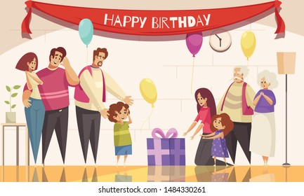 Kids birthday party gift present indoor composition with festive balloons text and characters of family members vector illustration