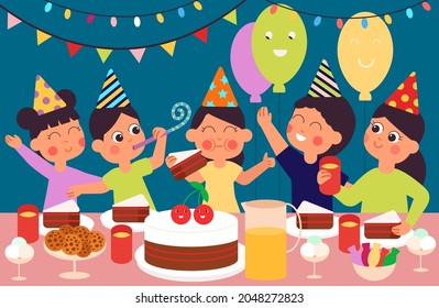 Kids Birthday Party. Happy Cute Children, Toddlers Eating Sweets Desserts. Cartoon Characters Sitting At Table, Festive Lunch Or Dinner Decent Vector Concept