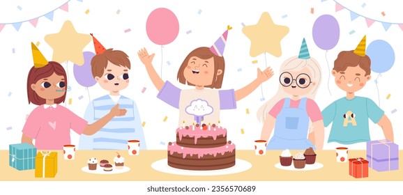 Kids birthday party. Happy girl with cake and friends, balloons and confetti. Cartoon little joyful children drinking and eating, snugly vector scene