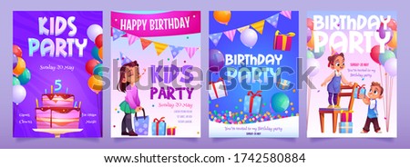 Kids birthday party invitation banners. Girl receive gift from boy. Little child in festive hat hold present with confetti and garlands around. Children event celebration flyer, Cartoon vector posters