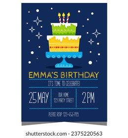 Kids birthday party invitation with big cake and candles on the background. Children's anniversary event card with big cupcake to invite boys and girls to celebrate together in a friendly atmosphere.
