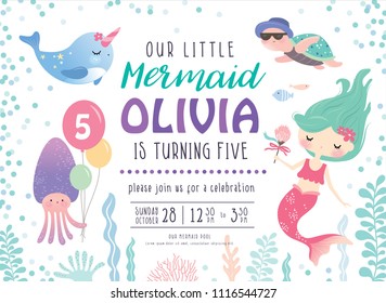 Kids birthday party invitation card with cute little mermaid and marine life